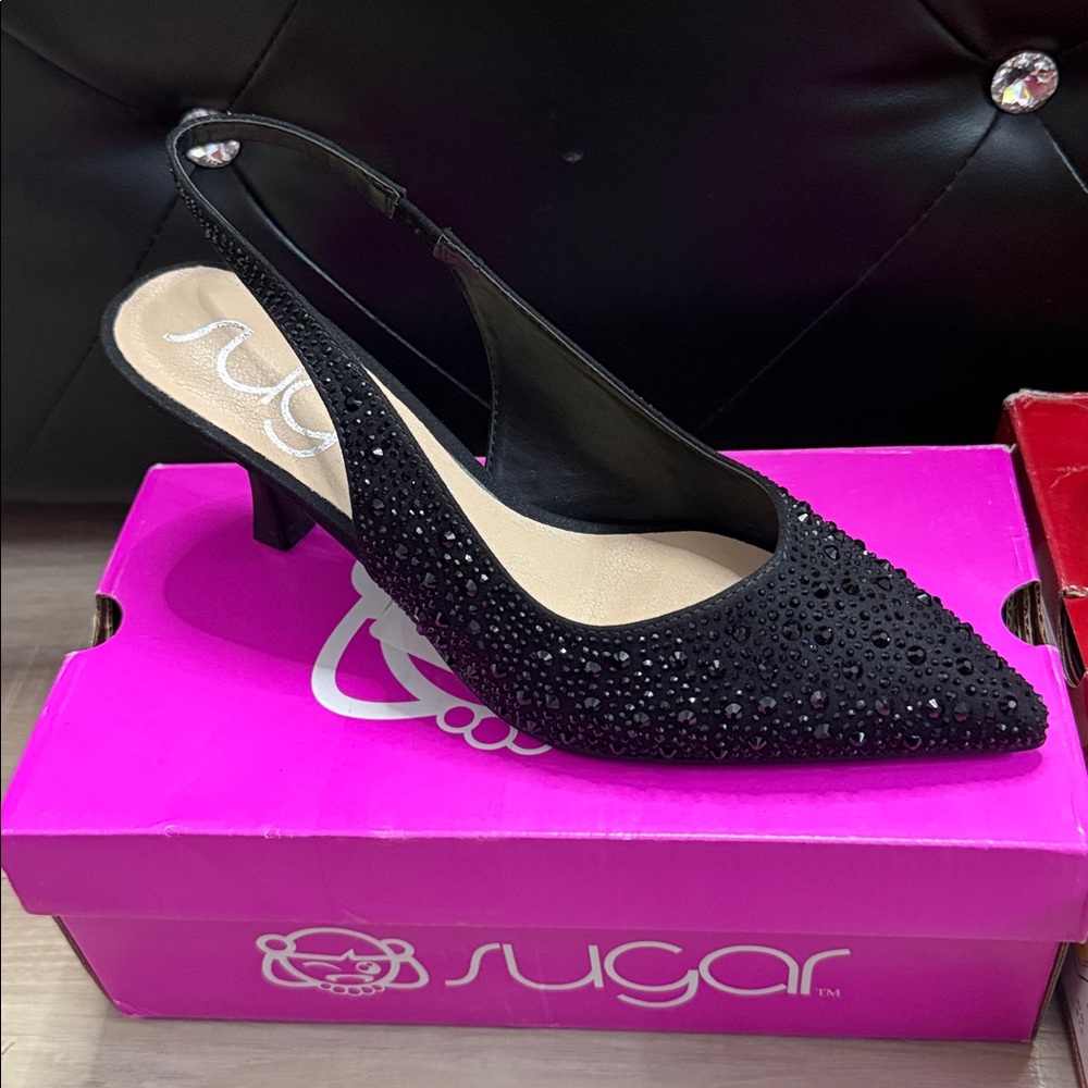 Sugar Black Crystal Slingback Pointed Toe Heel - Picture 5 of 9